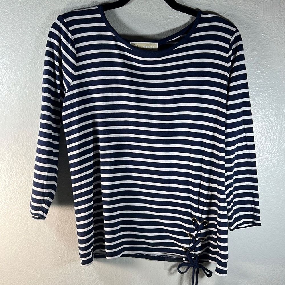 Michael Kors Womens Striped 3/4 Sleeve Drawstring Waist Blouse Top Blue Large